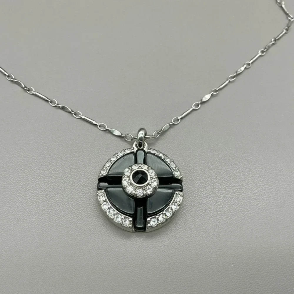Banana Republic Necklace Womens Silver Tone Black Enamel Crystal Round 20 Inch